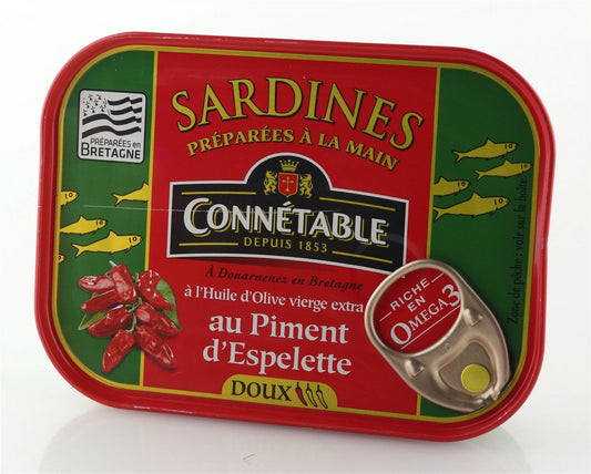 Connetable Sardinen eingelegt in Olivenöl mit Espelettepfeffer 135gr. / Atg. 102gr.